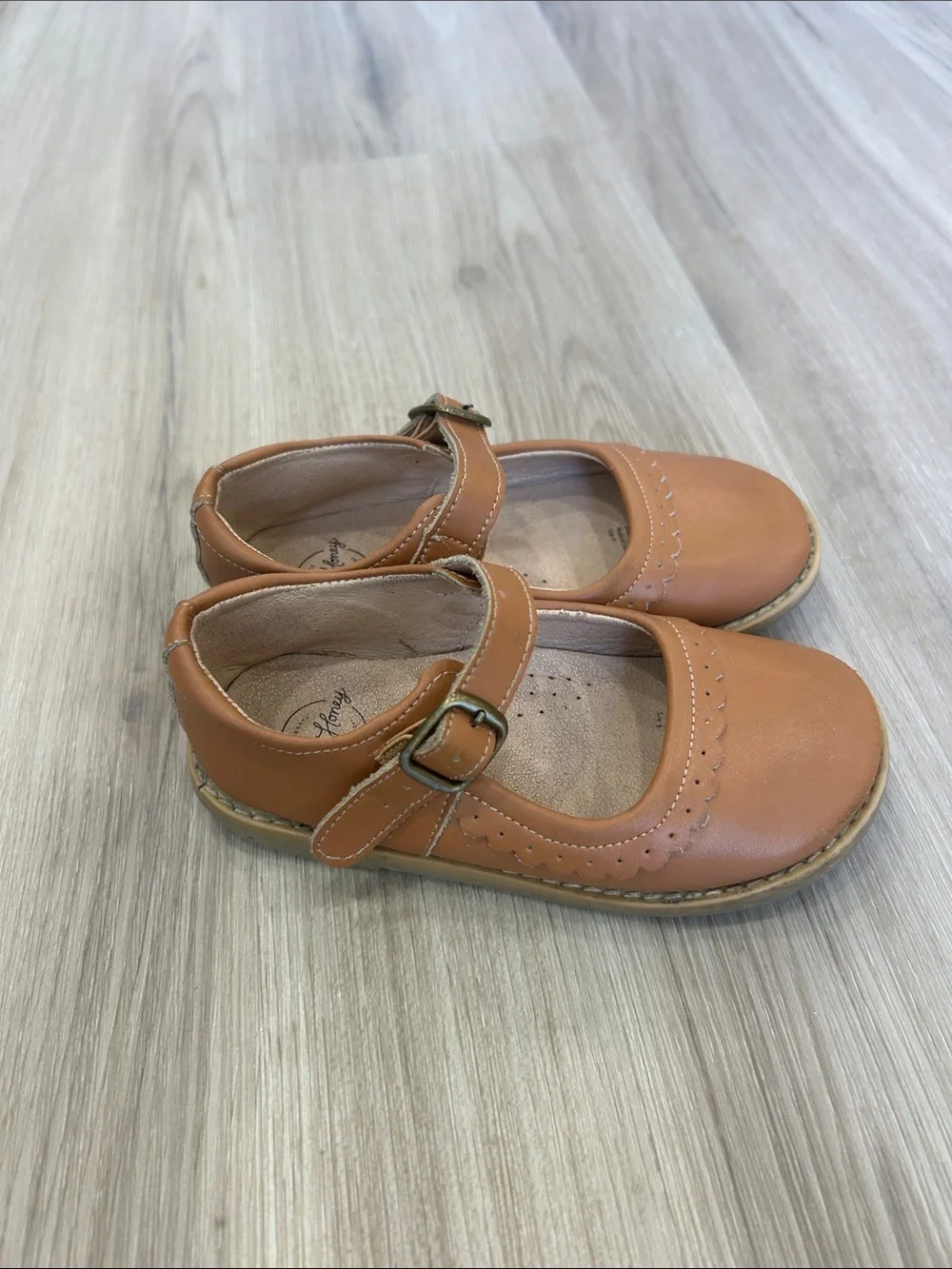 SweetHoney Toddler Cognac Tan Leather Scalloped Mary Jane Shoes Size 9